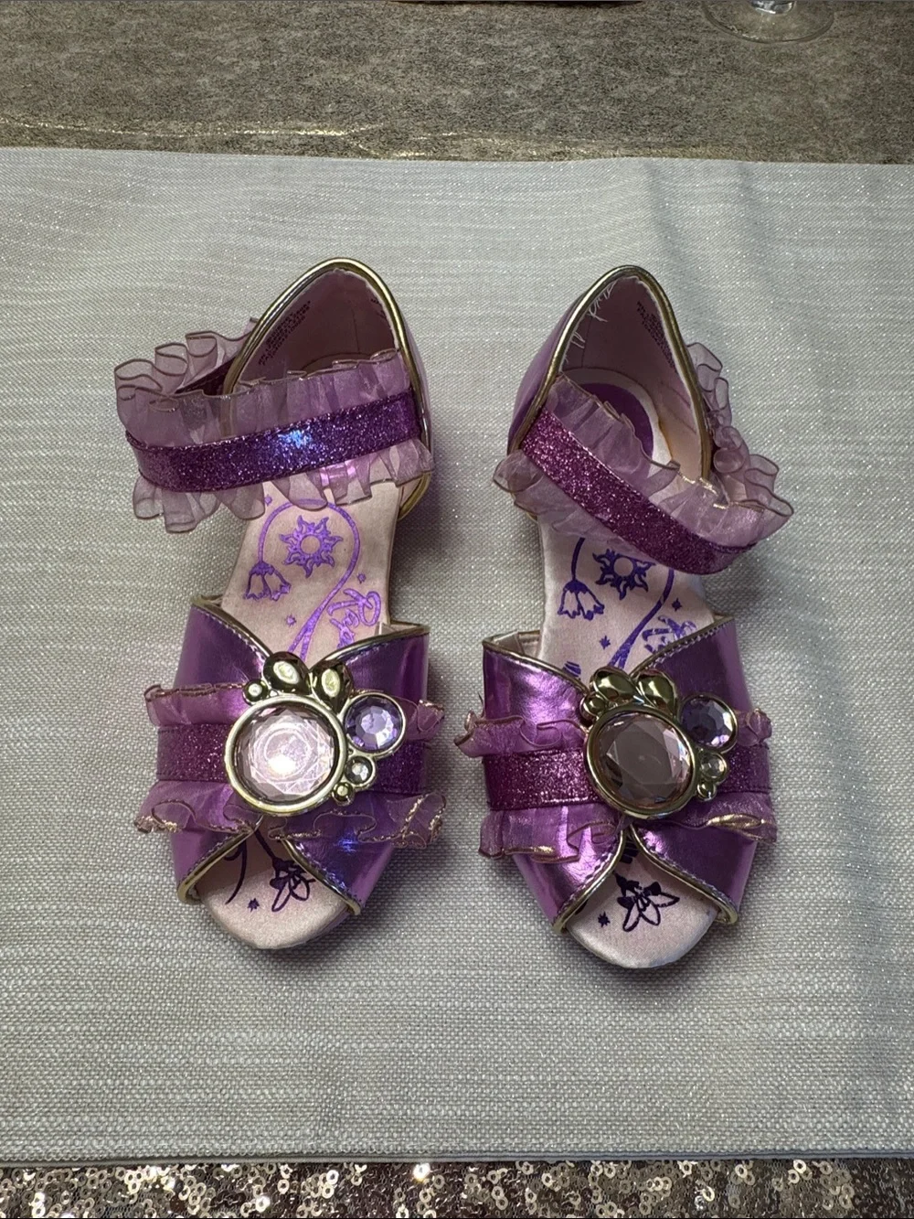 Disney Rapunzel Purple Glitter Ruffle Gem Sandals for Girls